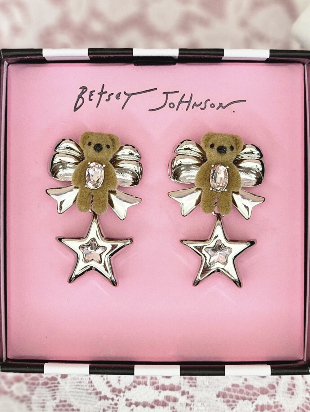 Betsey Johnson Earrings Pink Felted Teddy Bear Star Drop Earrings Coquette Girl